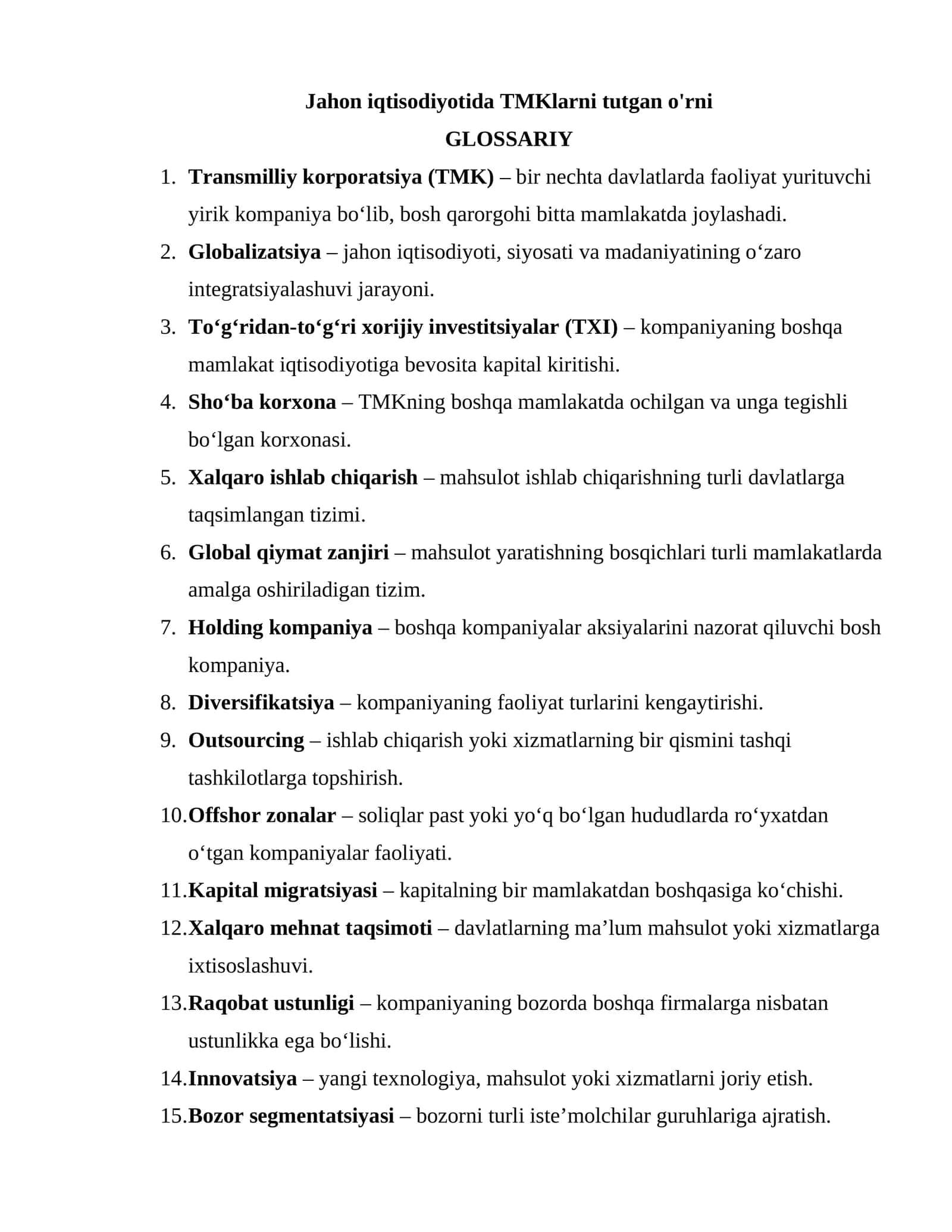 Transmilliy Korporatsiya (TMK) Jahon Iqtisodiyoti 1