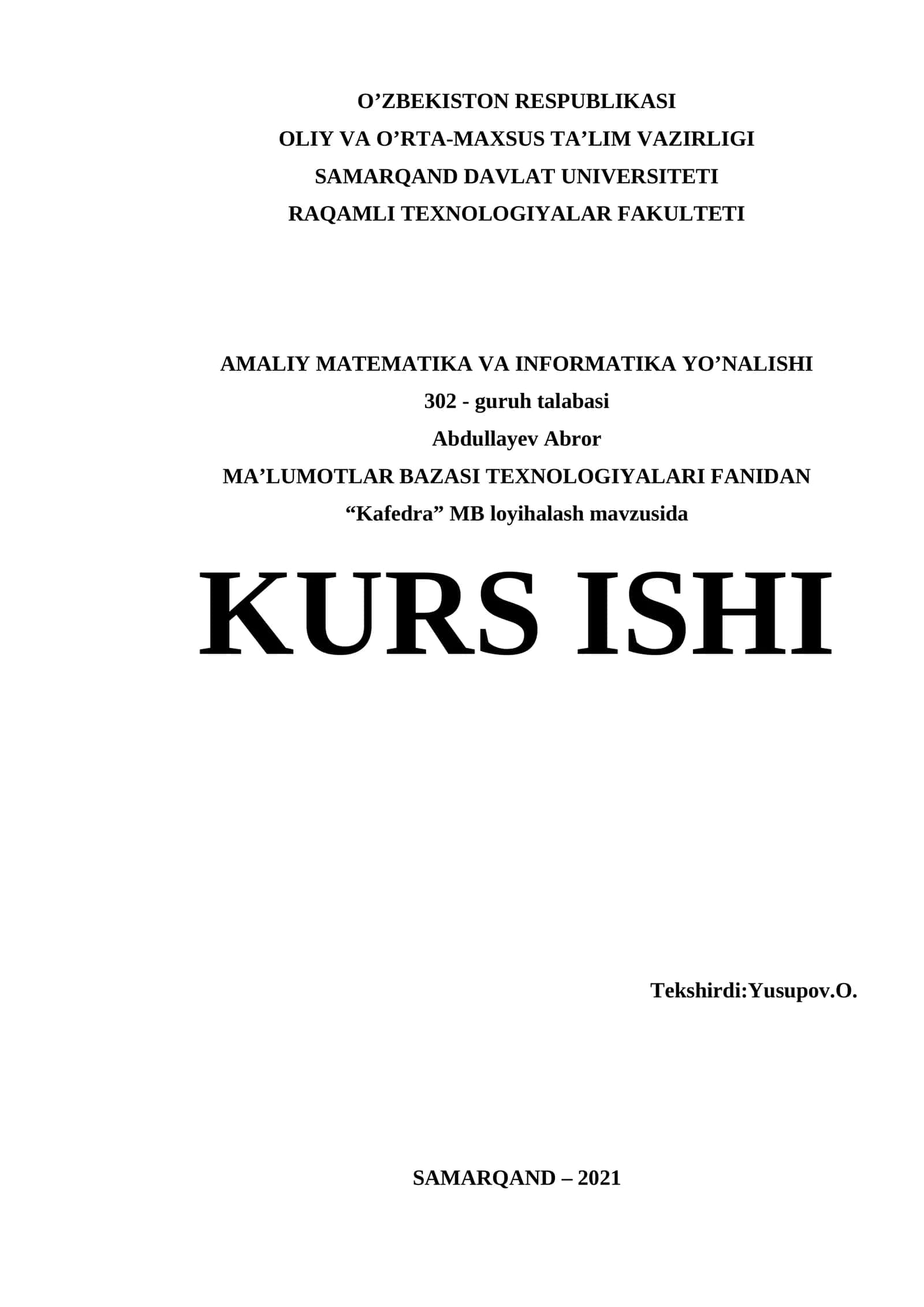 "Kafedra" MB loyihalash mavzusida KURS ISHI 1