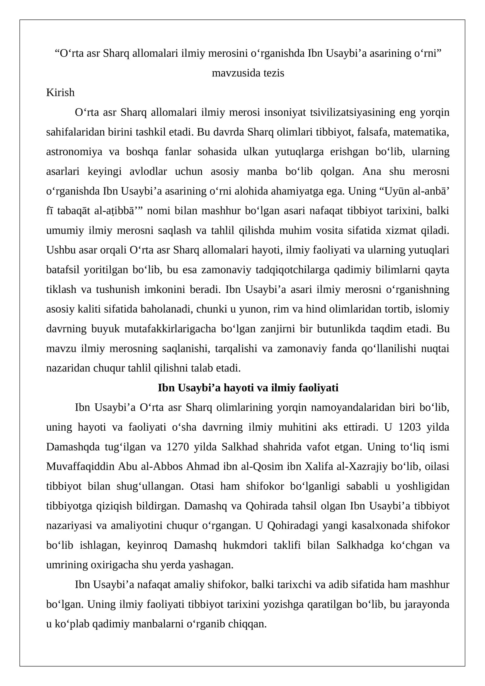 “O‘rta asr Sharq allomalari ilmiy merosini o‘rganishda Ibn Usaybi’a asarining o‘rni” mavzusida tezis 1