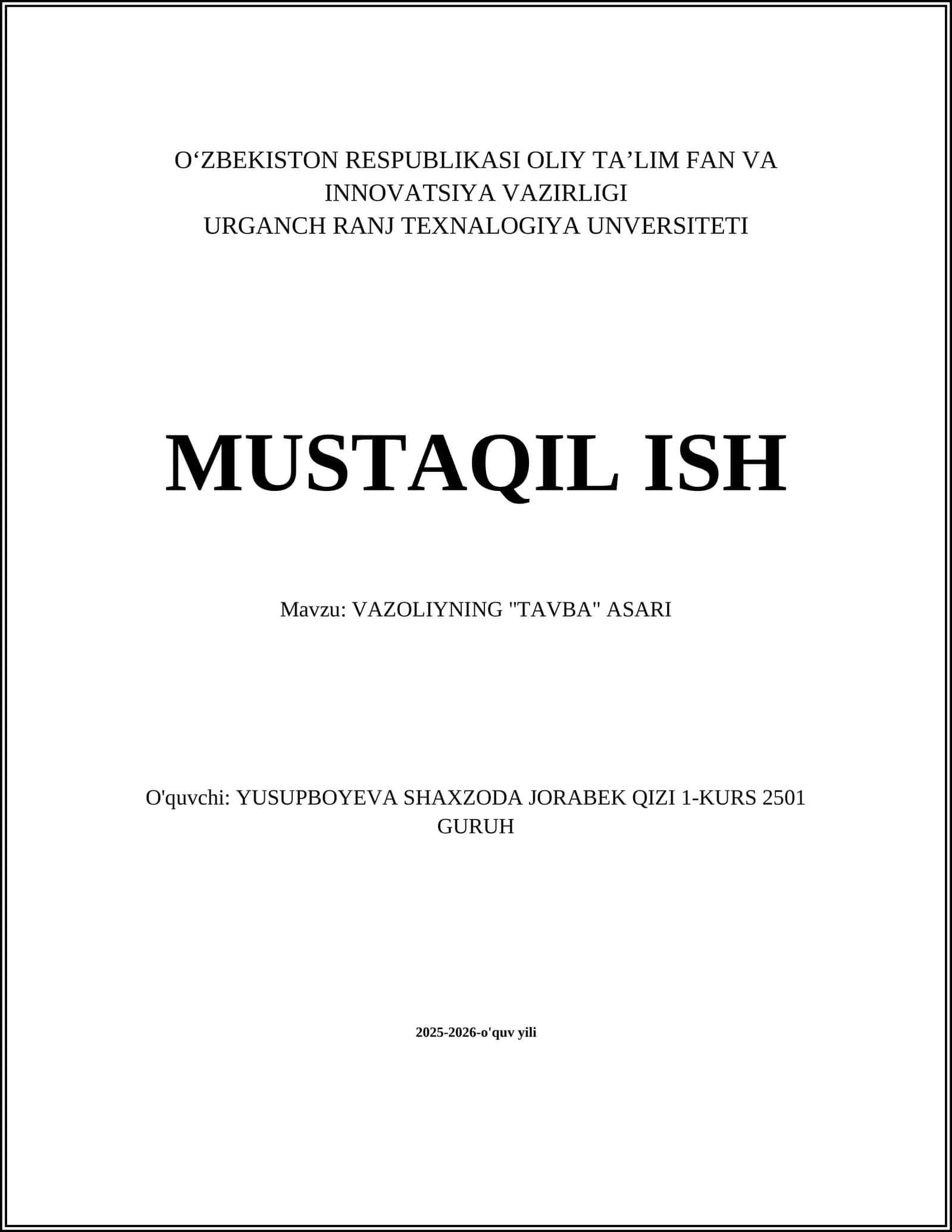 VAZOLIYNING "TAVBA" ASARI 1