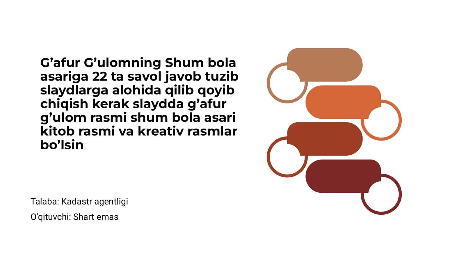 G’afur G’ulomning Shum bola asariga 22 ta savol javob tuzib 1
