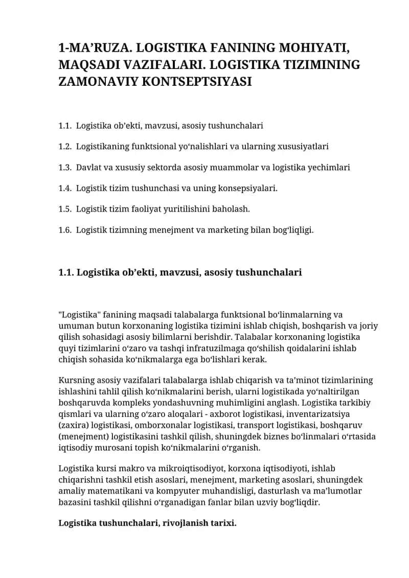 LOGISTIKA FANINING MOHIYATI, MAQSADI VAZIFALARI. LOGISTIKA TIZIMINING ZAMONAVIY KONTSEPTSIYASI 1