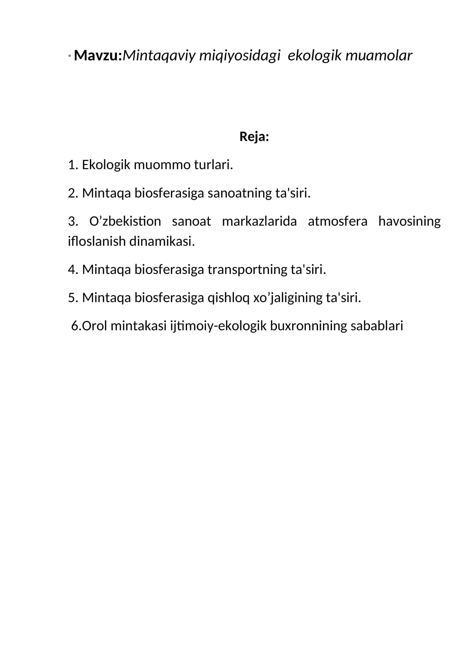 Mintaqaviy miqiyosidagi ekologik muamolar 1