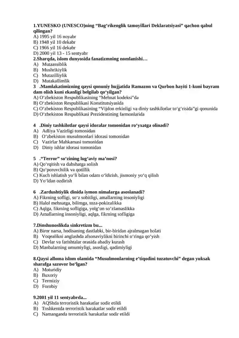 Dinshunoslik fanidan 400 ta test 1