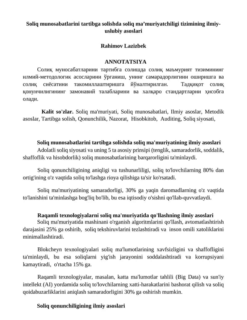 Soliq munosabatlarini tartibga solishda soliq ma’muriyatchiligi tizimining ilmiy-uslubiy asoslari 1