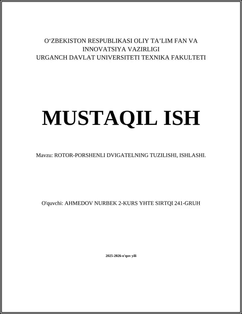 ROTOR-PORSHENLI DVIGATELNING TUZILISHI, ISHLASHI 1