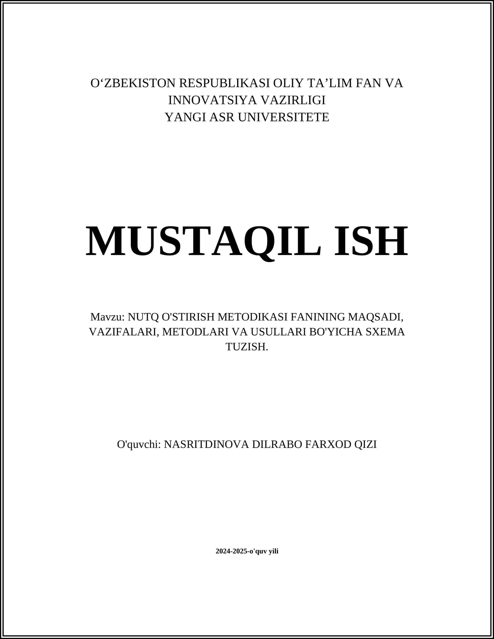 NUTQ O'STIRISH METODIKASI FANINING MAQSADI, VAZIFALARI, METODLARI VA USULLARI BO'YICHA SXEMA TUZISH 1