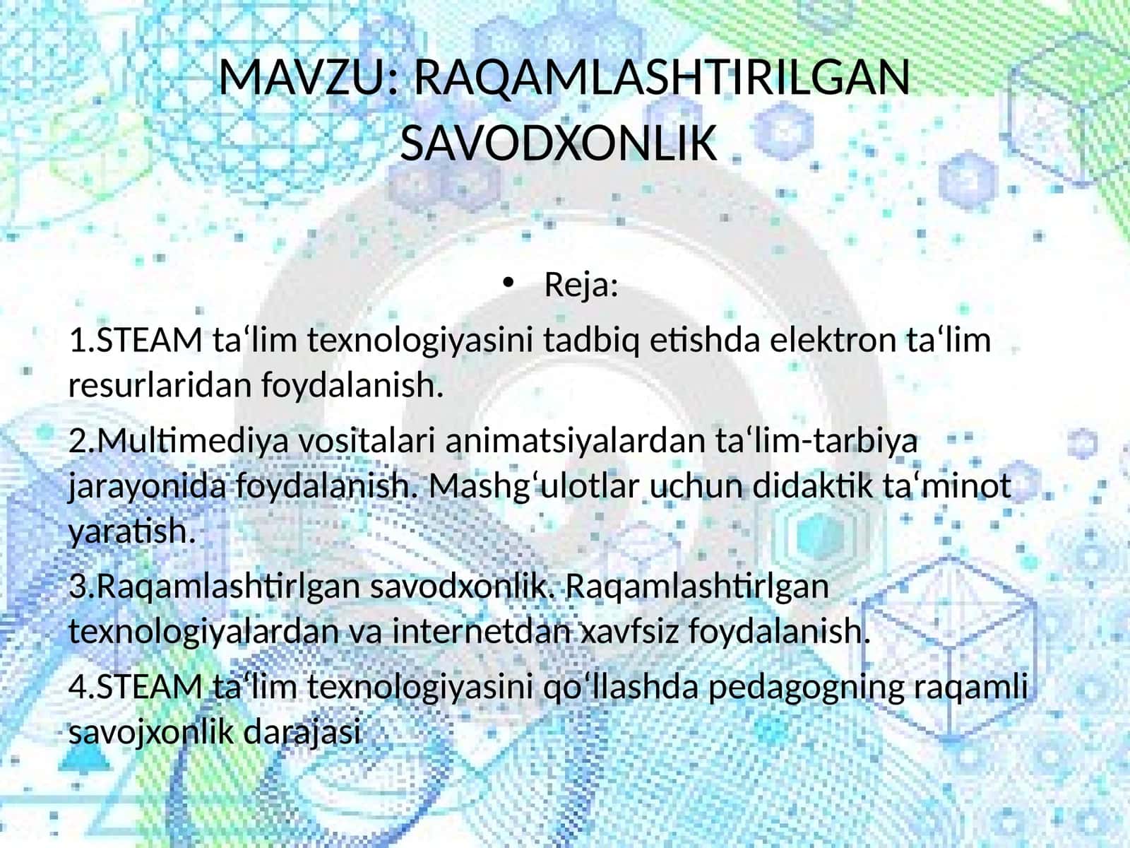 RAQAMLASHTIRILGAN SAVODXONLIK 1