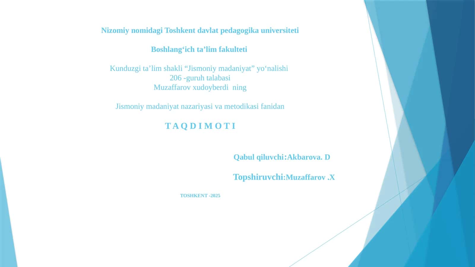 Jismoniy madaniyat nazariyasi va metodikasi fanidan TAQDIMOT 1
