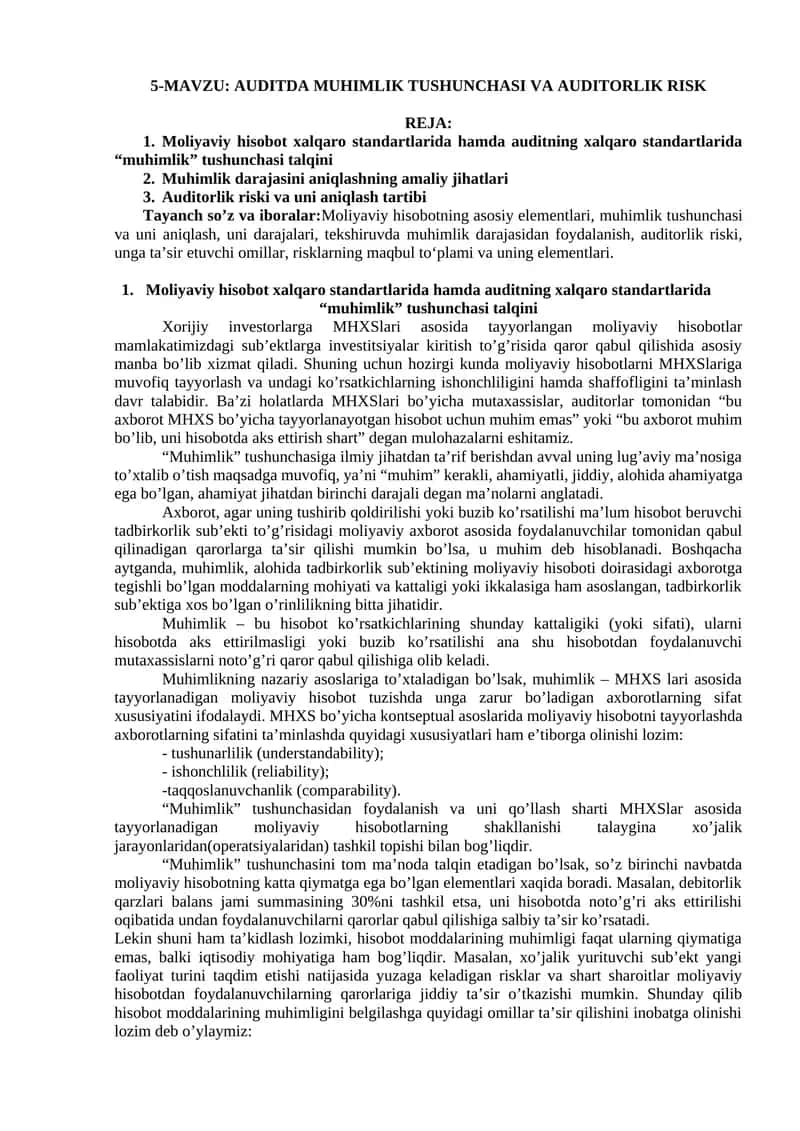 AUDITDA MUHIMLIK TUSHUNCHASI VA AUDITORLIK RISK 1