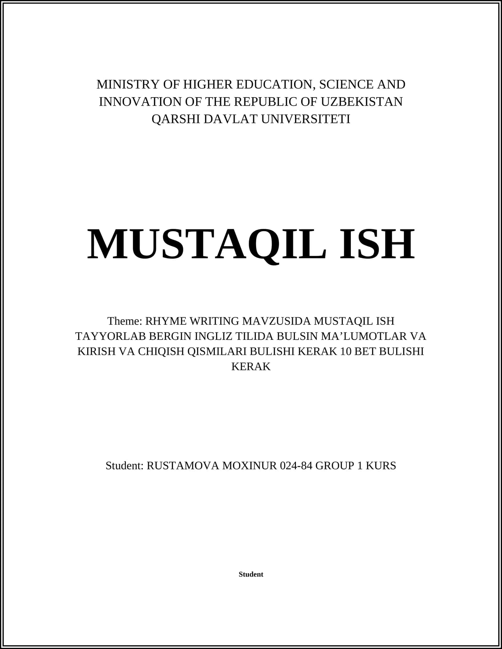 RHYME WRITING MAVZUSIDA MUSTAQIL ISH 1