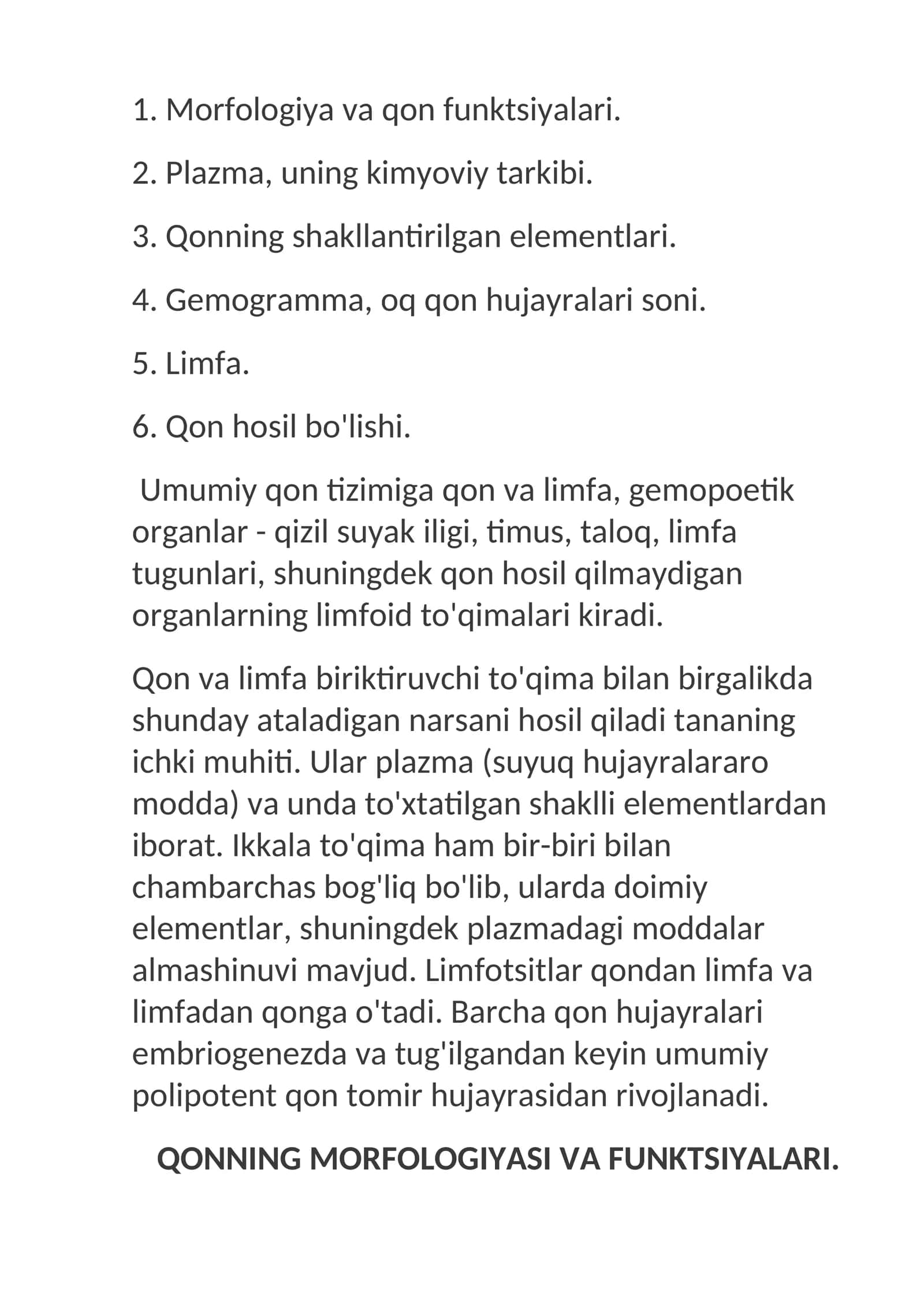 Morfologiya va qon funktsiyalari 1