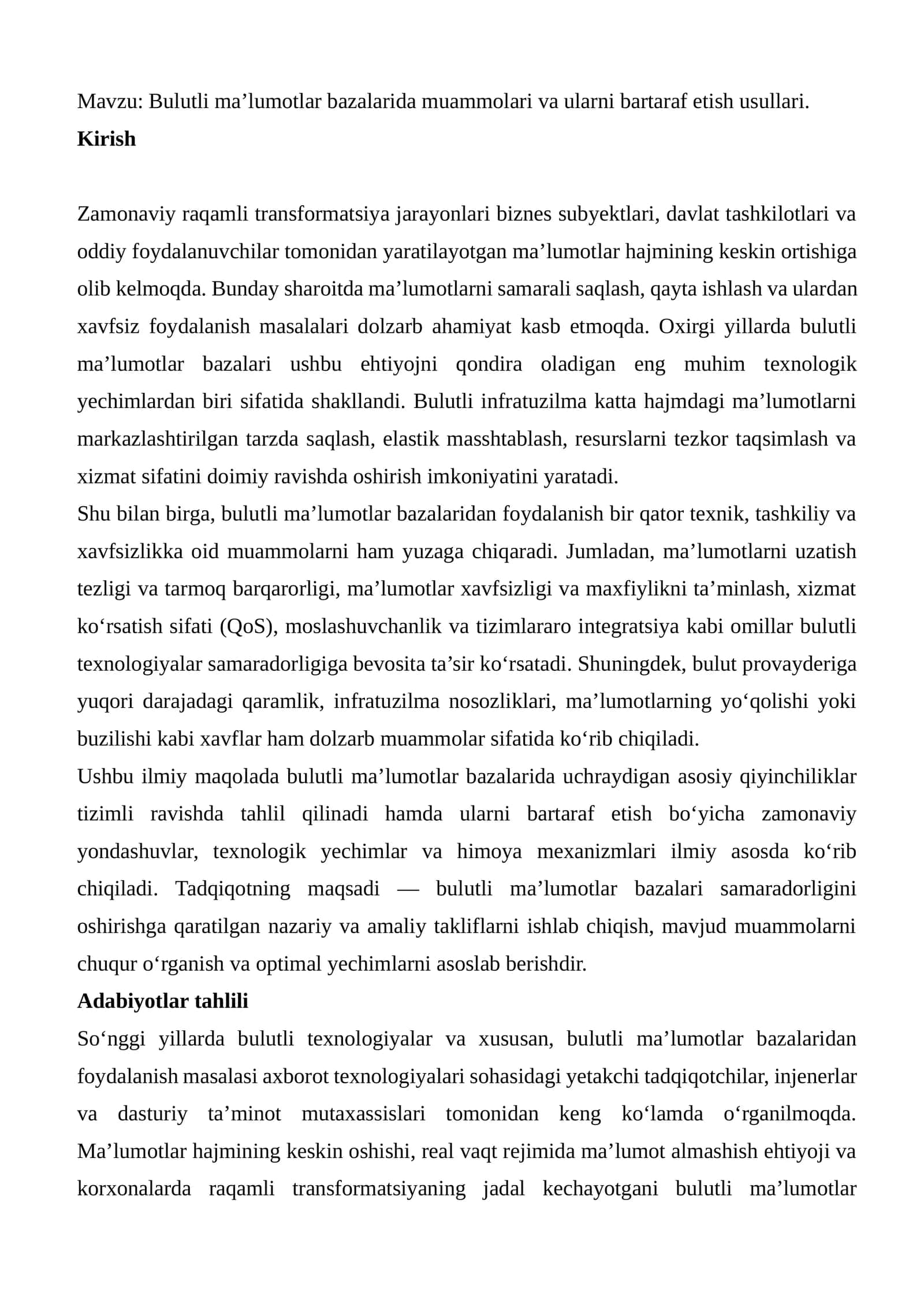Bulutli ma’lumotlar bazalarida muammolari va ularni bartaraf etish usullari 1