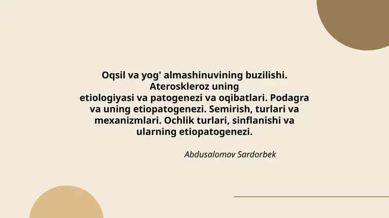 Oqsil va yog' almashinuvining buzilishi. Ateroskleroz uning etiologiyasi va patogenezi va oqibatlari 1