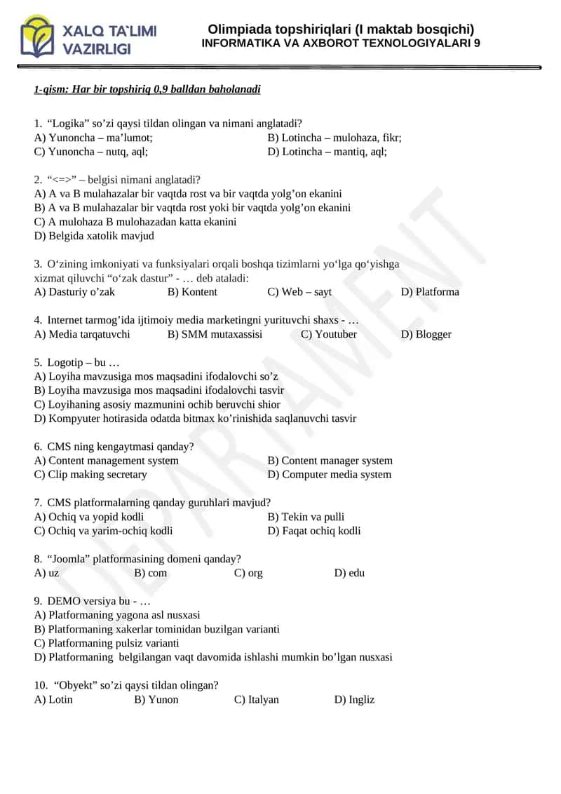 Olimpiada topshiriqlari (I maktab bosqichi) INFORMATIKA VA AXBOROT TEXNOLOGIYALARI 9 1