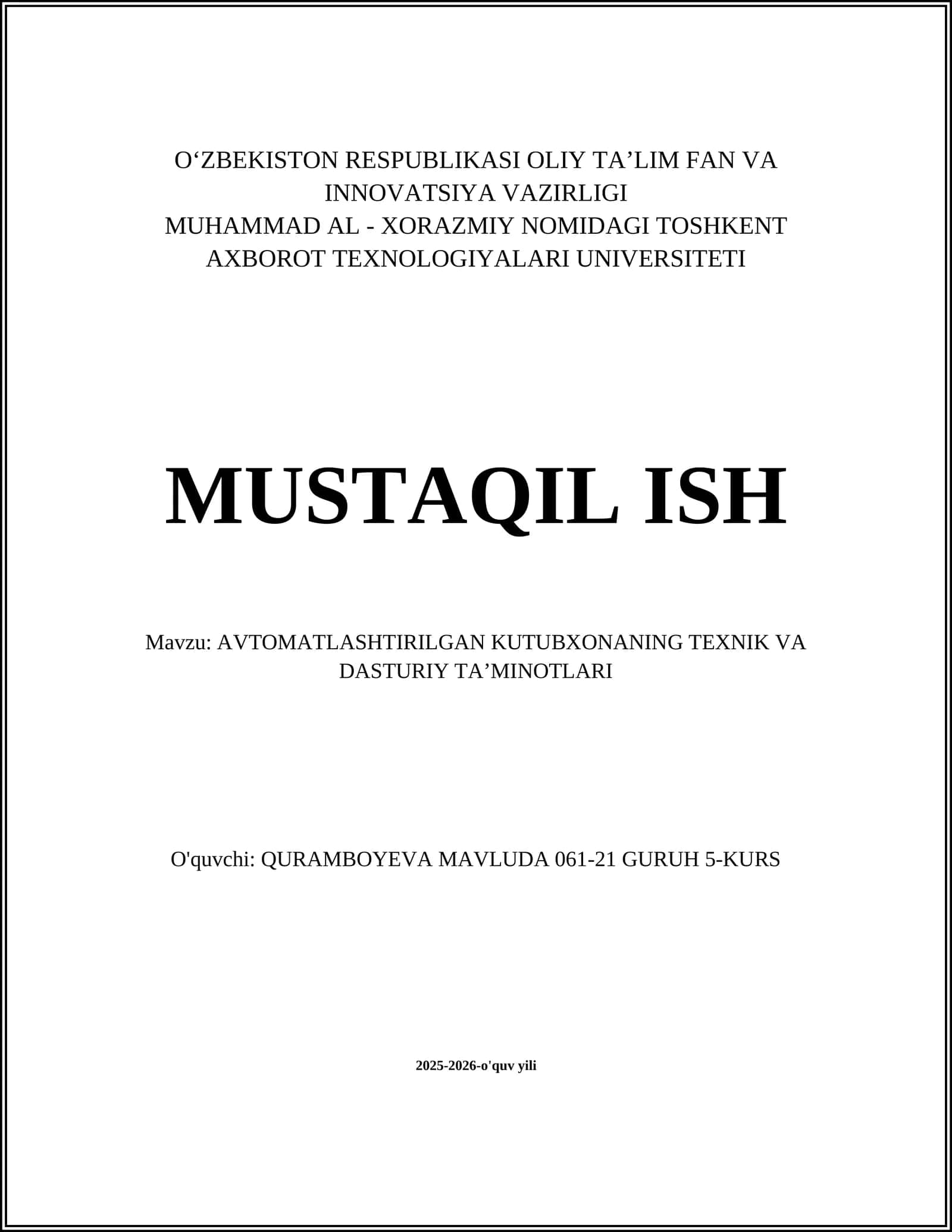 AVTOMATLASHTIRILGAN KUTUBXONANING TEXNIK VA DASTURIY TAʼMINOTLARI 1