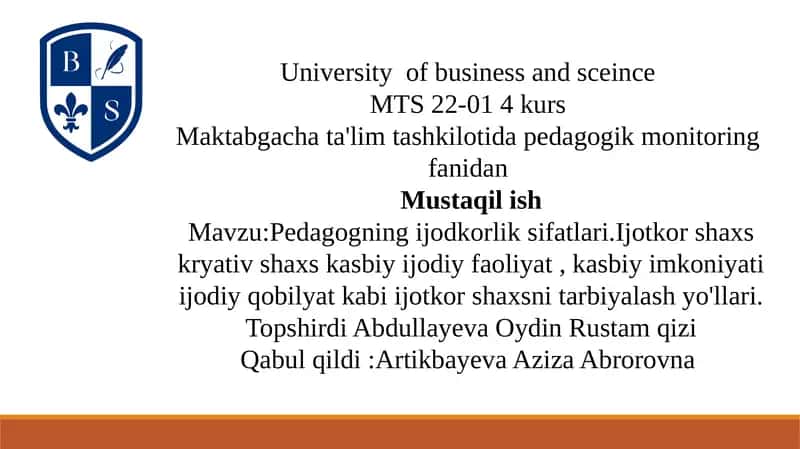 Pedagogning ijodkorlik sifatlari.Ijotkor shaxs kryativ shaxs kasbiy ijodiy faoliyat , kasbiy imkoniyati ijodiy qobilyat kabi ijotkor shaxsni tarbiyalash yo'llari. 1