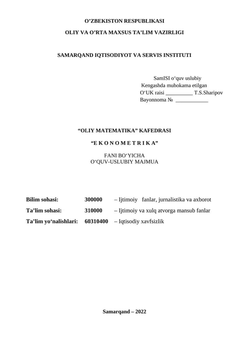 Ekonometrika fanidan o’quv-uslubiy majmua 1