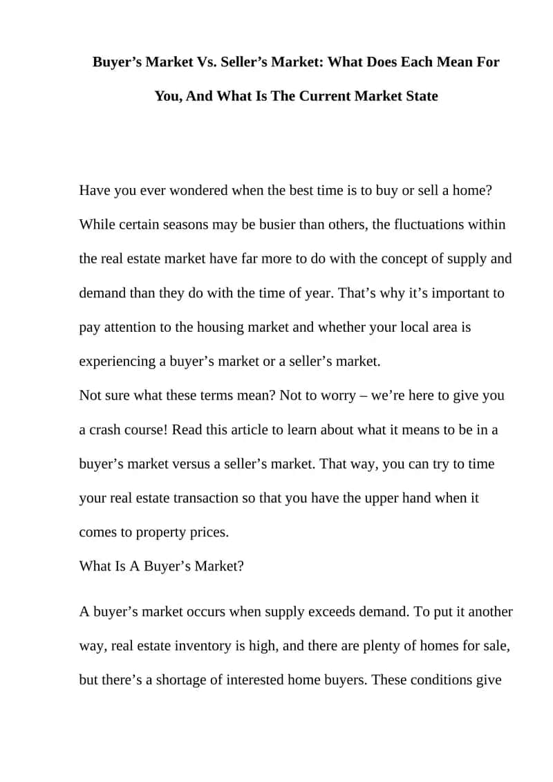 Buyer’s Market Vs. Seller’s Market 1