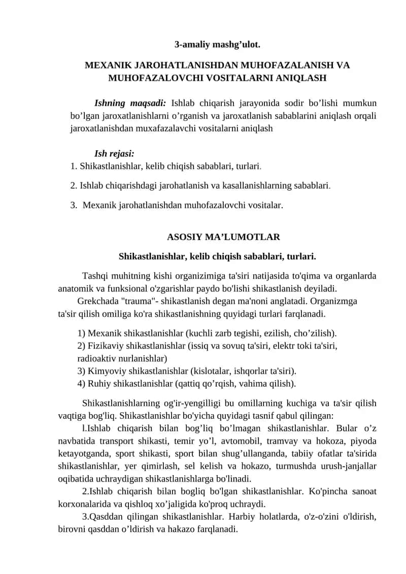 Mexanik jarohatlanishdan muhofazalanish va muhofazalovchi vositalarni aniqlash 1