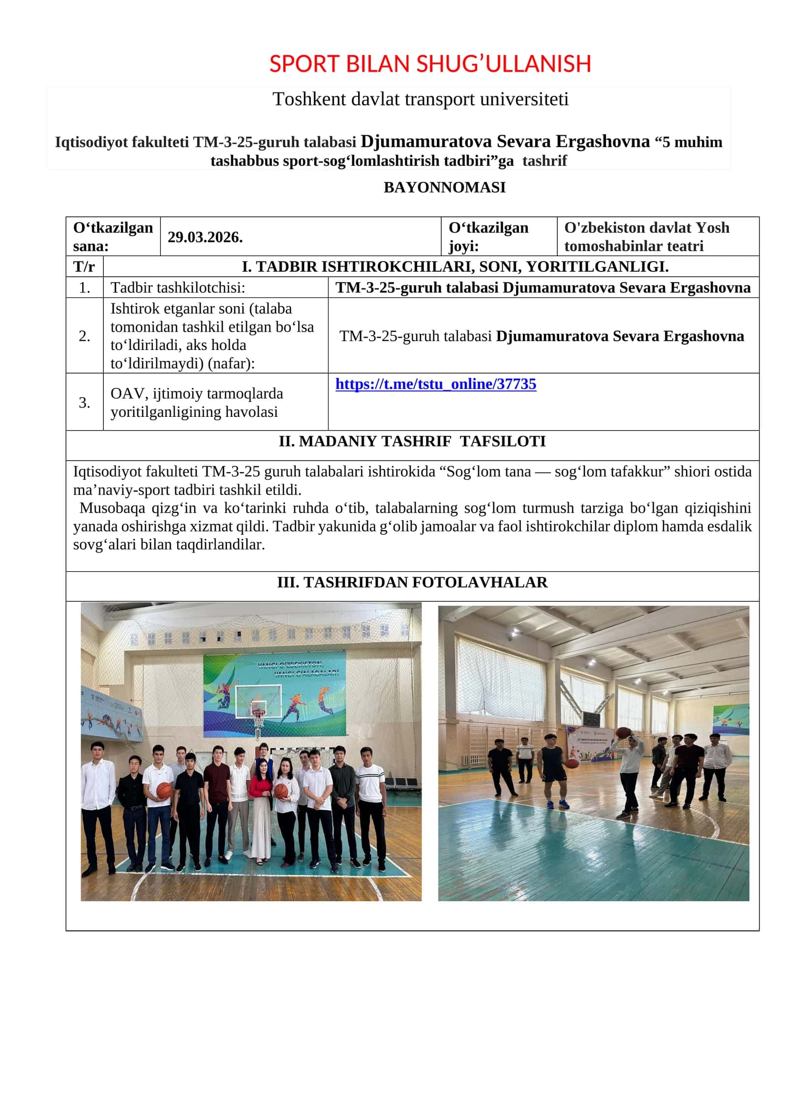SPORT BILAN SHUG’ULLANISH 1
