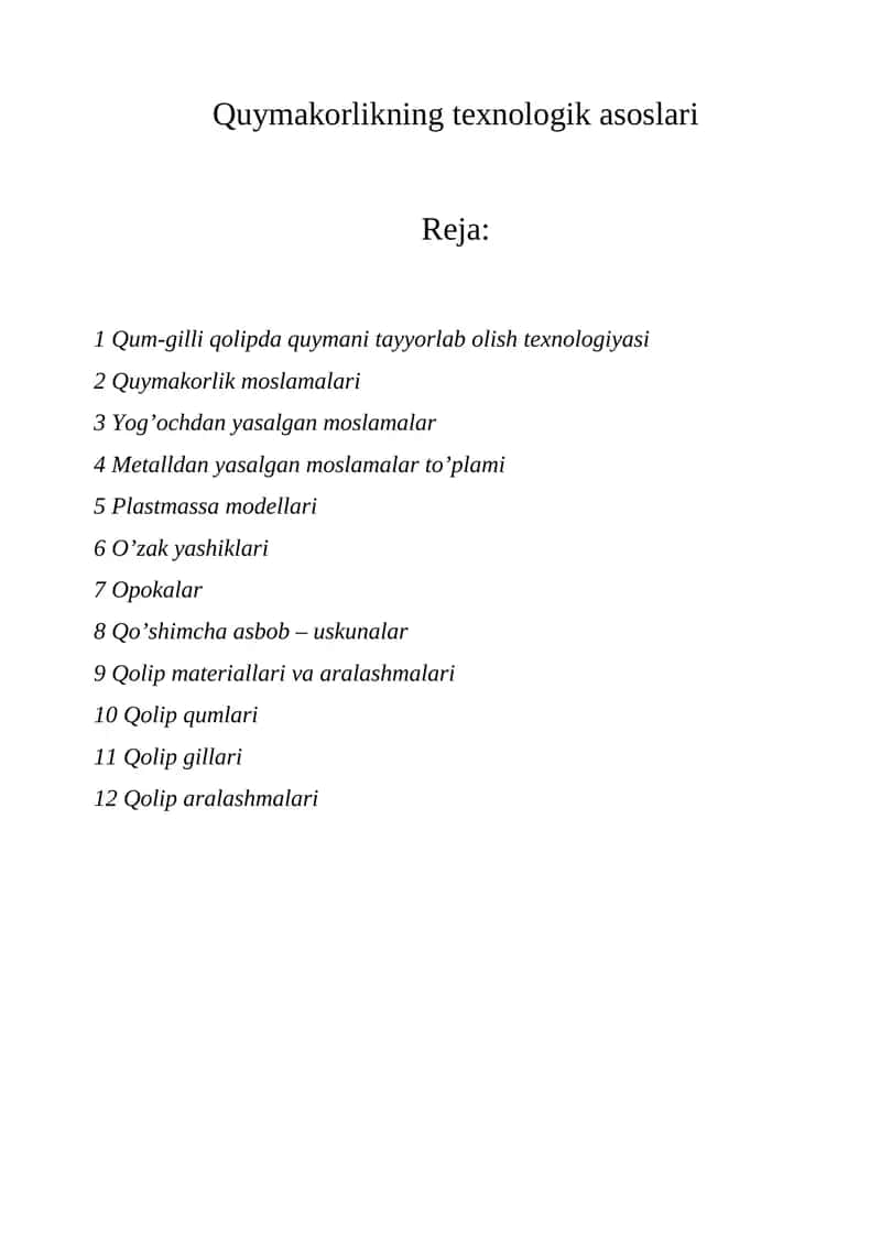 Quymakorlikning texnologik asoslari 1
