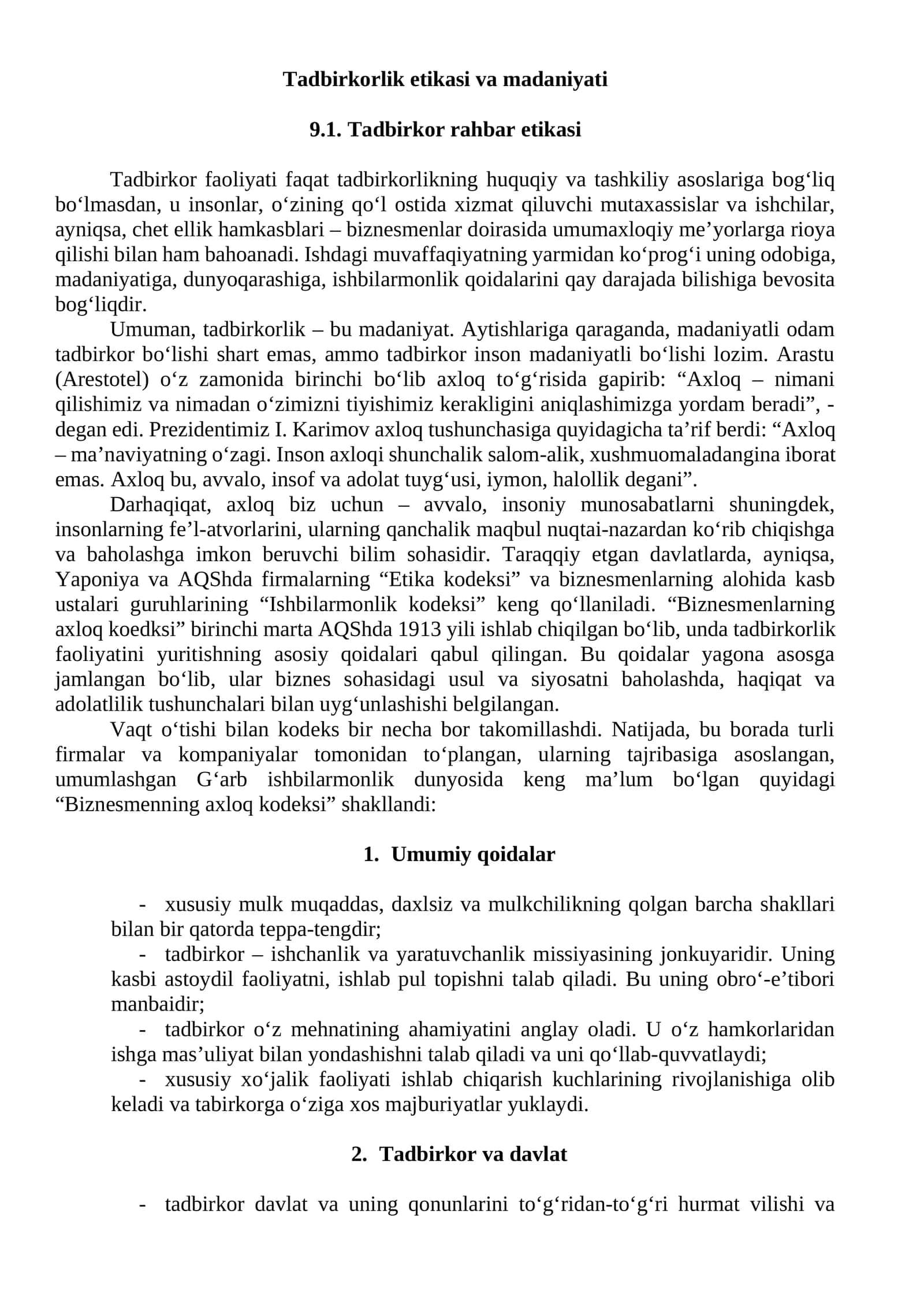 Tadbirkorlik etikasi va madaniyati 1