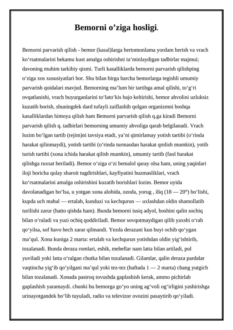 Bemorni parvarish qilish 1