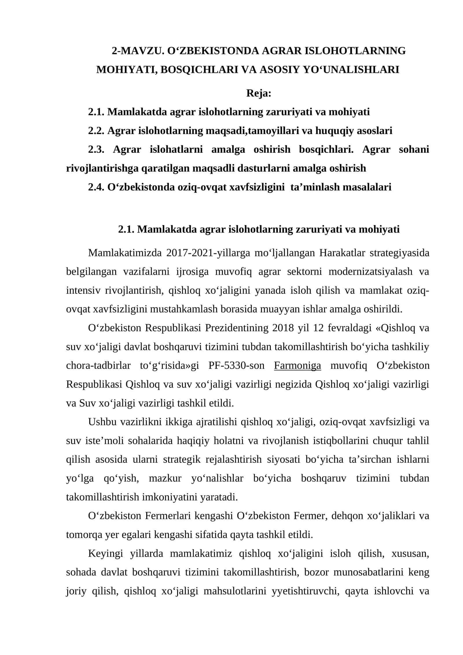 O‘zbekistonda Agrar Islohotlarning Mohiyati, Bosqichlari va Asosiy Yo‘unalishlari 1