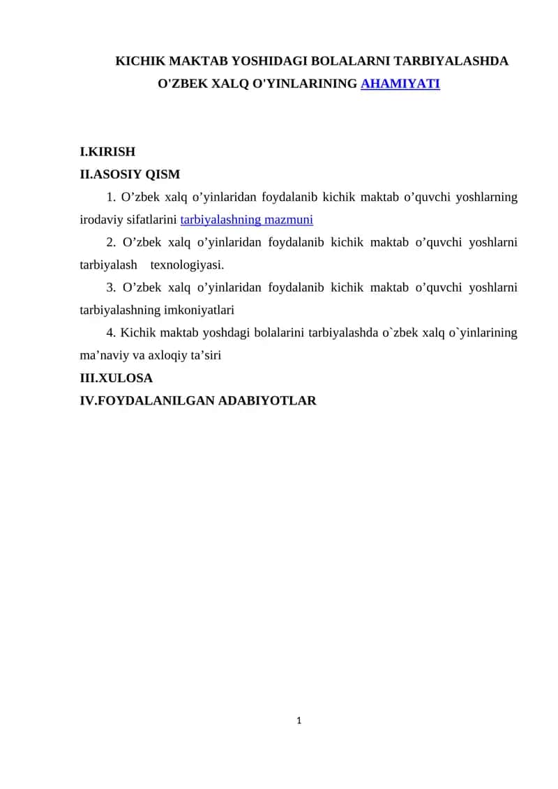 KICHIK MAKTAB YOSHIDAGI BOLALARNI TARBIYALASHDA O'ZBEK XALQ O'YINLARINING AHAMIYATI 1