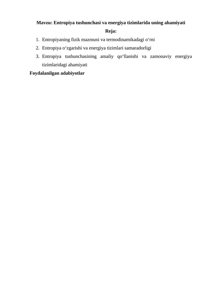 Entropiya tushunchasi va energiya tizimlarida uning ahamiyati 1