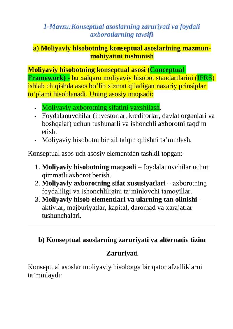 Konseptual asoslarning zaruriyati va foydali axborotlarning tavsifi 1