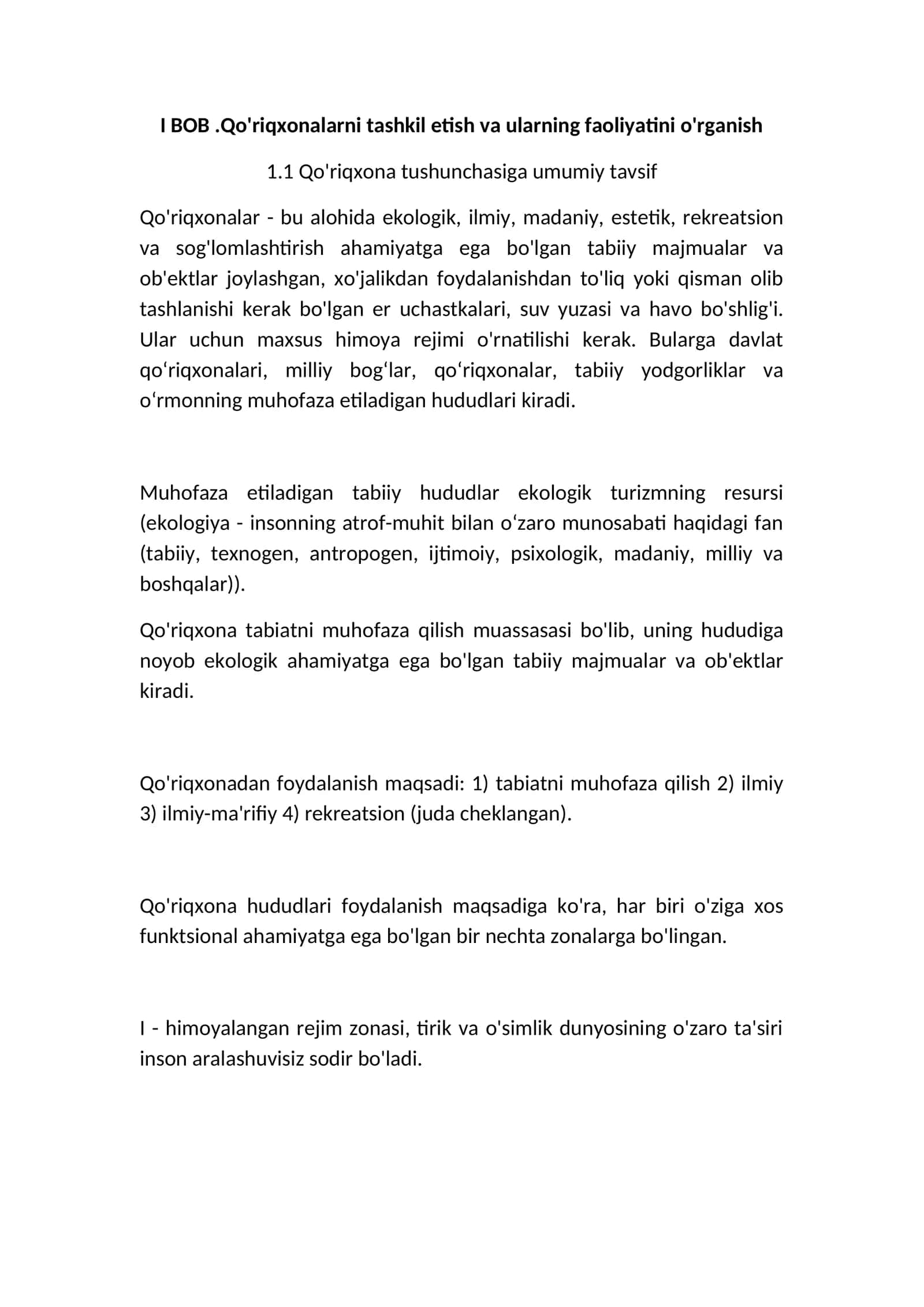 BOB.Qo'riqxonalarni tashkil etish va ularning faoliyatini o'rganish 1