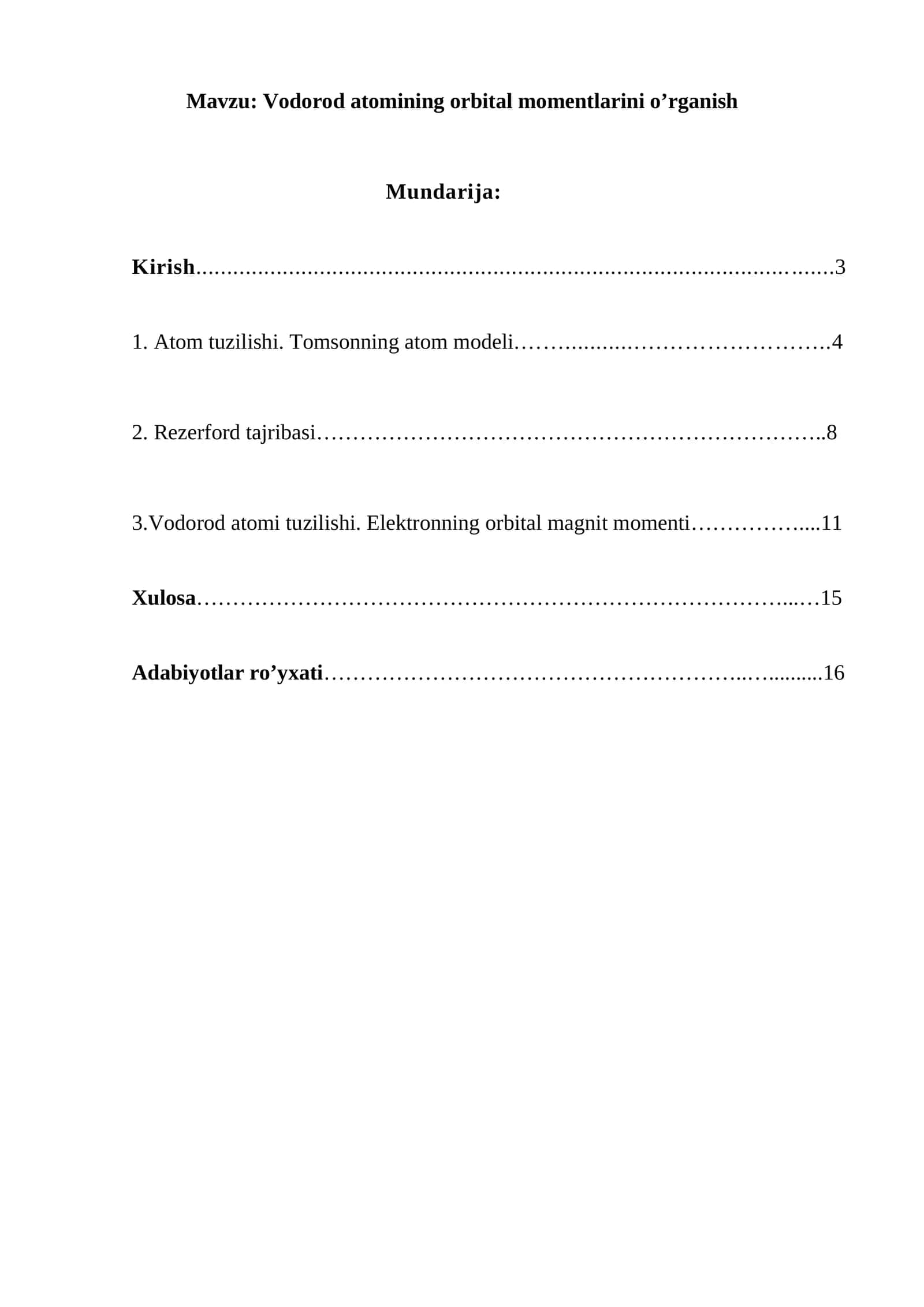 Vodorod atomining orbital momentlarini o’rganish mavzusida tayyor kurs ishi. 1