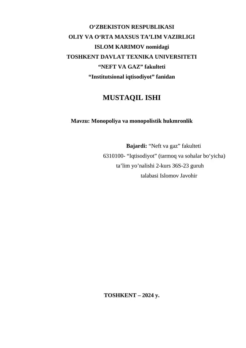 Monopoliya va monopolistik hukmronlik 1
