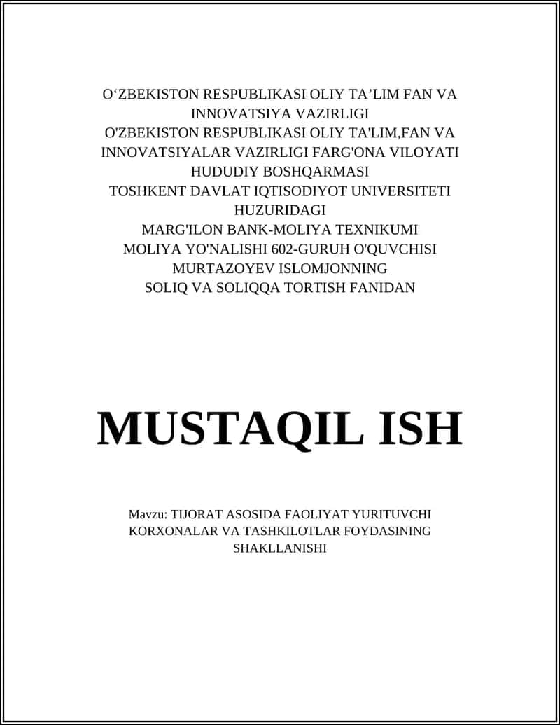 TIJORAT ASOSIDA FAOLIYAT YURITUVCHI KORXONALAR VA TASHKILOTLAR FOYDASINING SHAKLLANISHI 1
