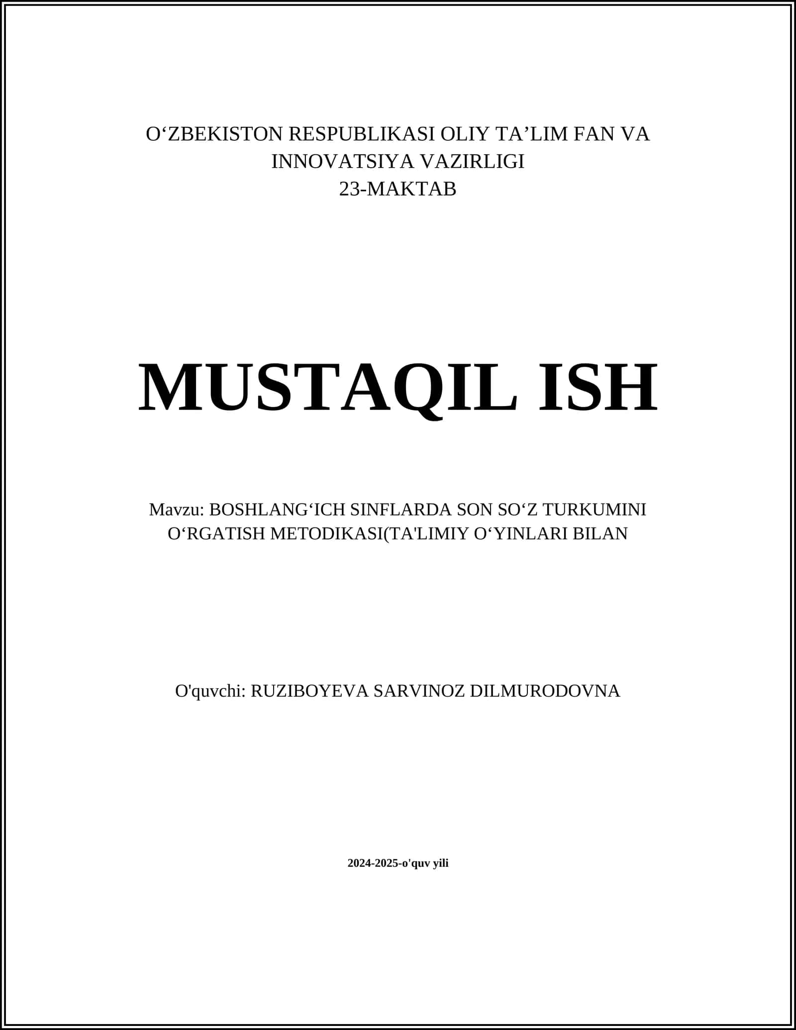 BOSHLANGʻICH SINFLARDA SON SOʻZ TURKUMINI OʻRGATISH METODIKASI(TA'LIMIY OʻYINLARI BILAN 1