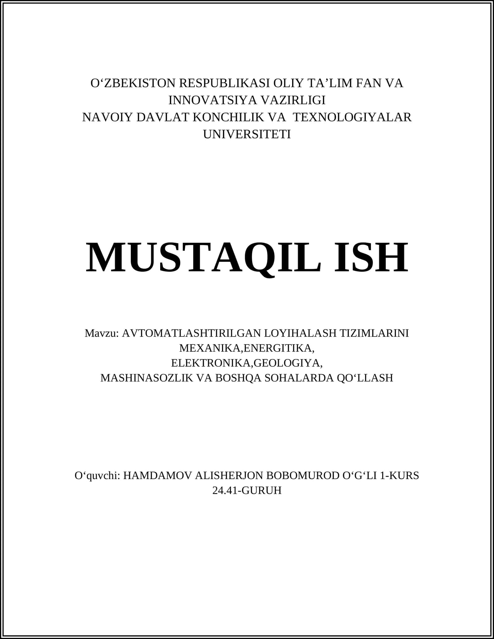 Mexanikada avtomatlashtirilgan loyiha tizimlari 1
