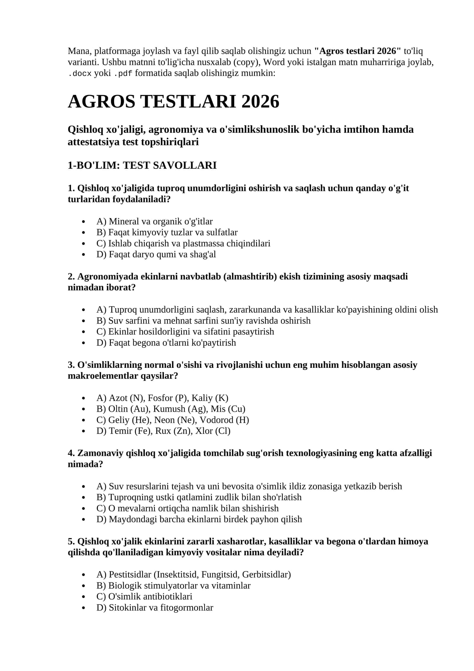 Agros testlari 2026 (Javoblari va tahlili bilan) 1