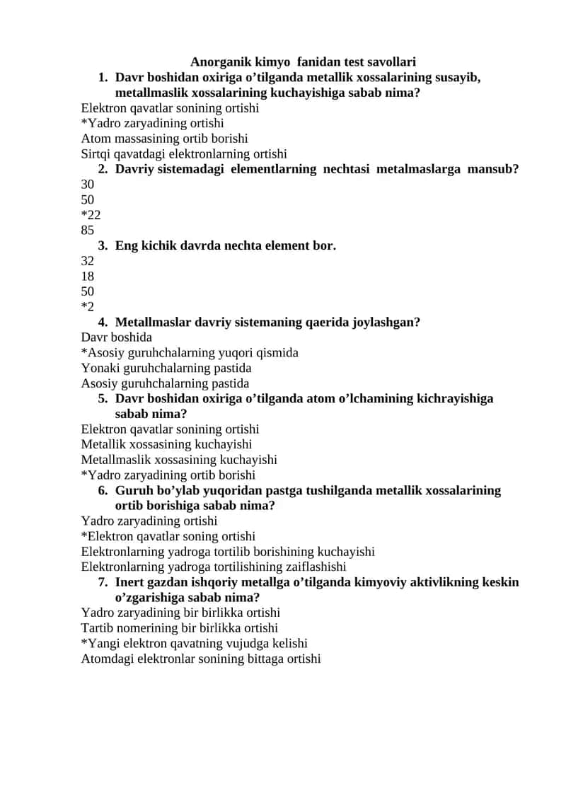 Anorganik kimyo fanidan test savollari 1