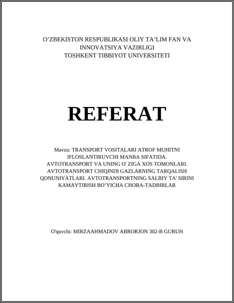 TRANSPORT VOSITALARI ATROF MUHITNI IFLOSLANTIRUVCHI MANBA SIFATIDA 1