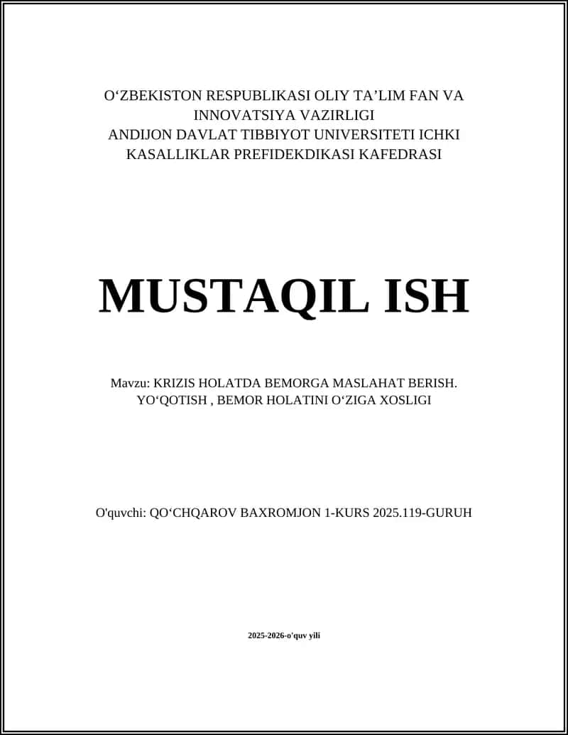 KRIZIS HOLATDA BEMORGA MASLAHAT BERISH. YOʻQOTISH, BEMOR HOLATINI OʻZIGA XOSLIGI 1