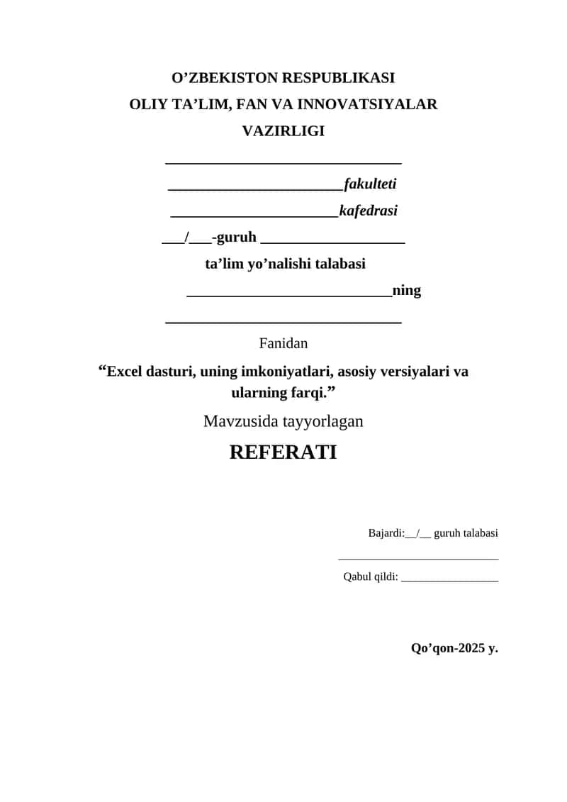 Excel dasturi 1