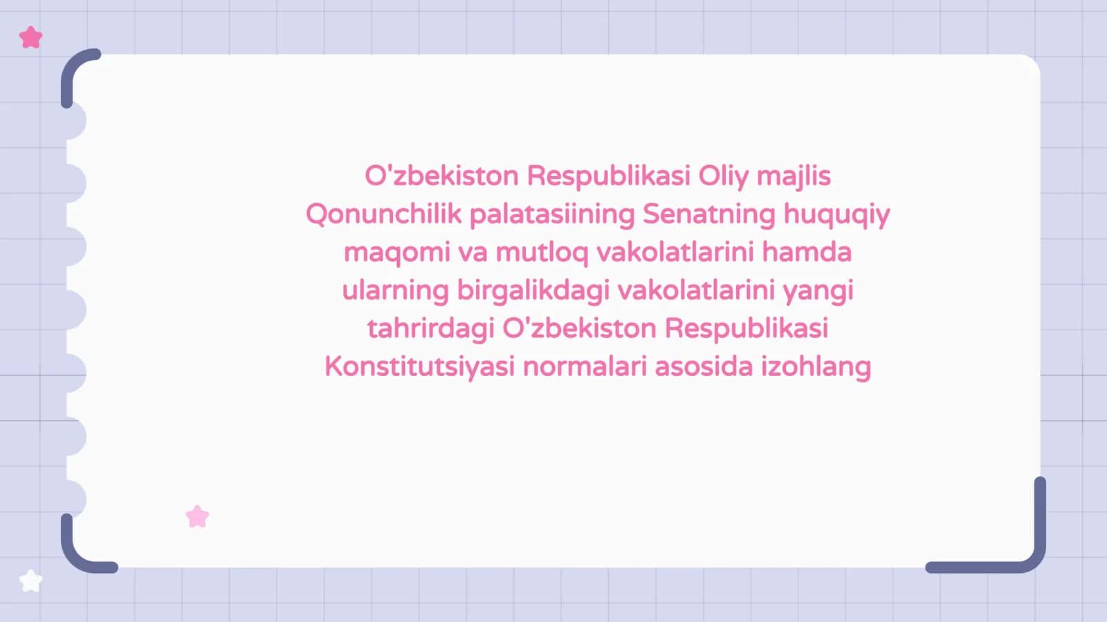 O'zbekiston Respublikasi Oliy majlis Qonunchilik palatasiining Senatning huquqiy maqomi va mutloq vakolatlarini hamda ularning birgalikdagi vakolatlarini yangi tahrirdagi O'zbekiston Respublikasi Konstitutsiyasi normalari asosida izohlang 1