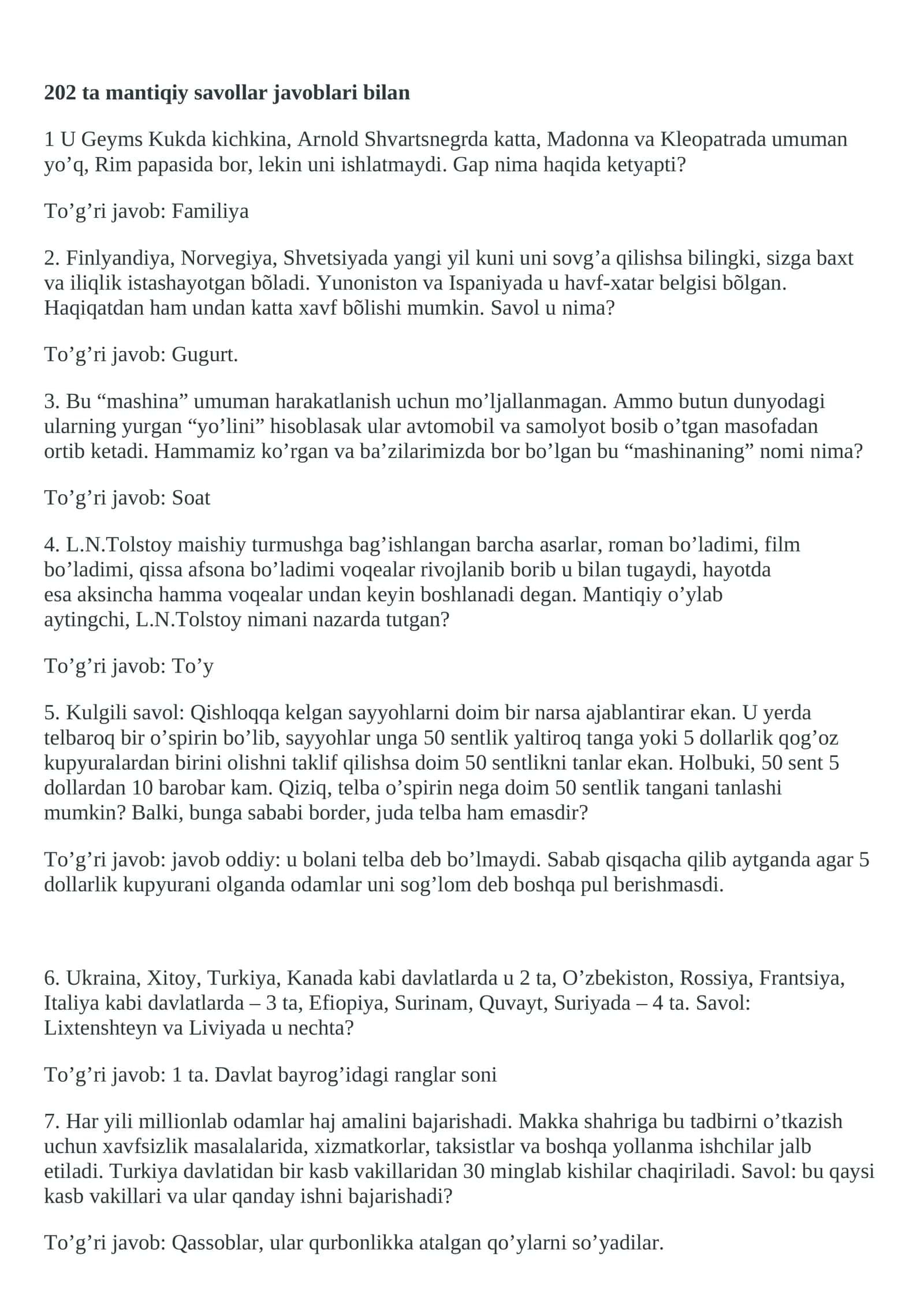 Mantiqiy savollar 202 ta javoblari bilan 1