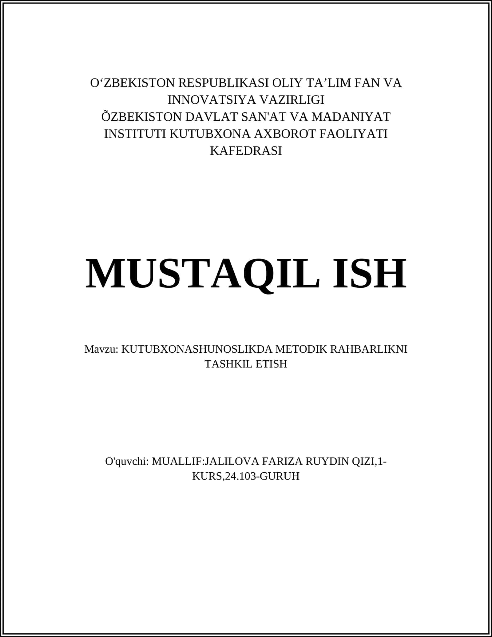 KUTUBXONASHUNOSLIKDA METODIK RAHBARLIKNI TASHKIL ETISH 1