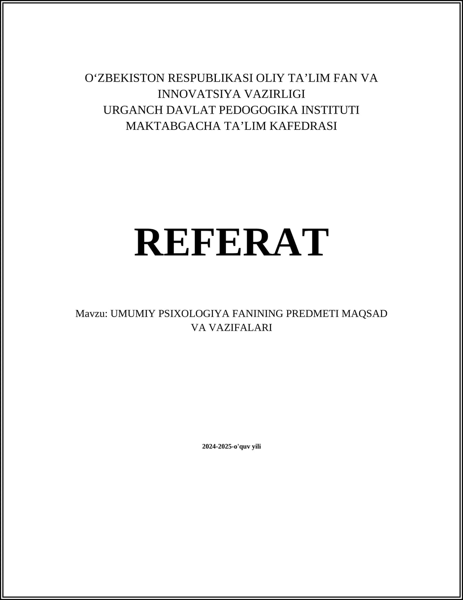 UMUMIY PSIXOLOGIYA FANINING PREDMETI MAQSAD VA VAZIFALARI 1