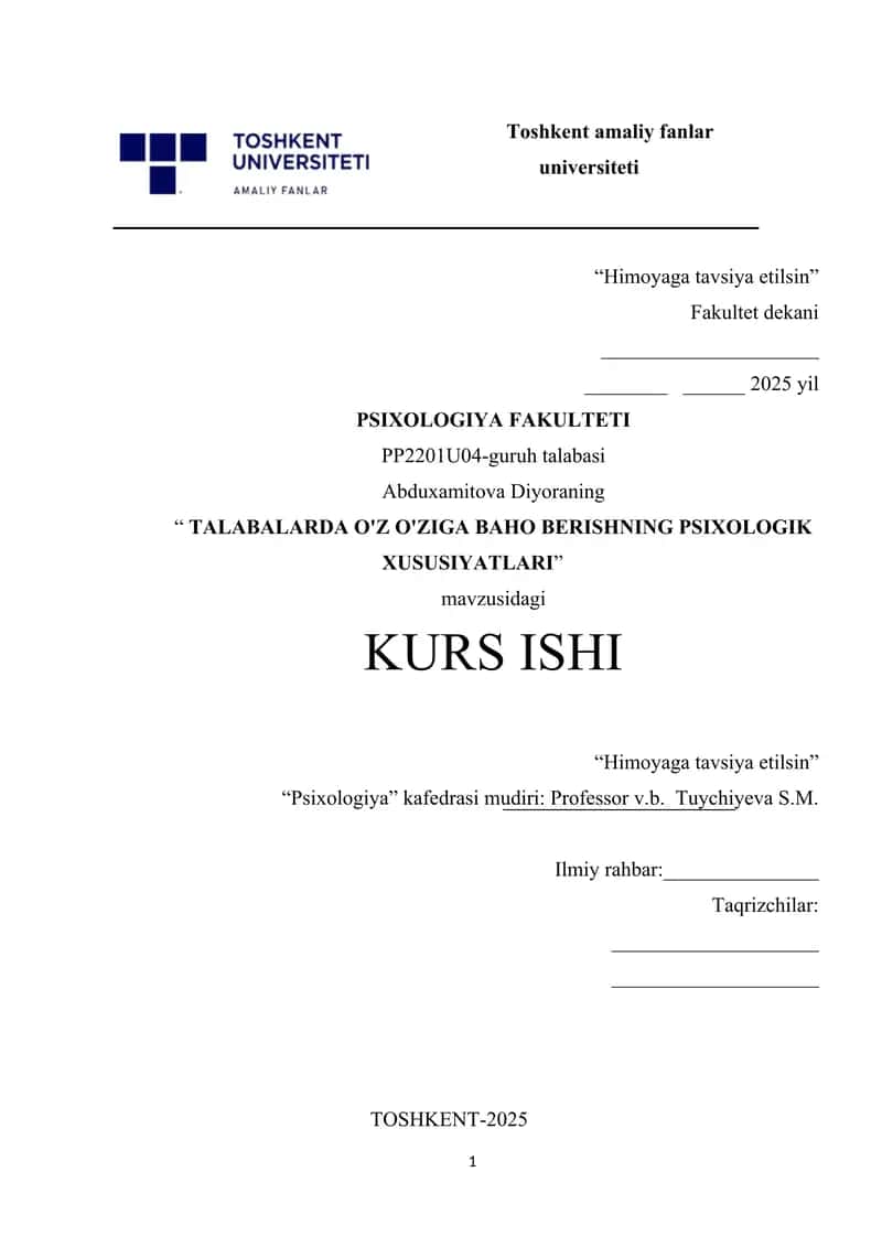 TALABALARDA O'Z O'ZIGA BAHO BERISHNING PSIXOLOGIK XUSUSIYATLARI. 1