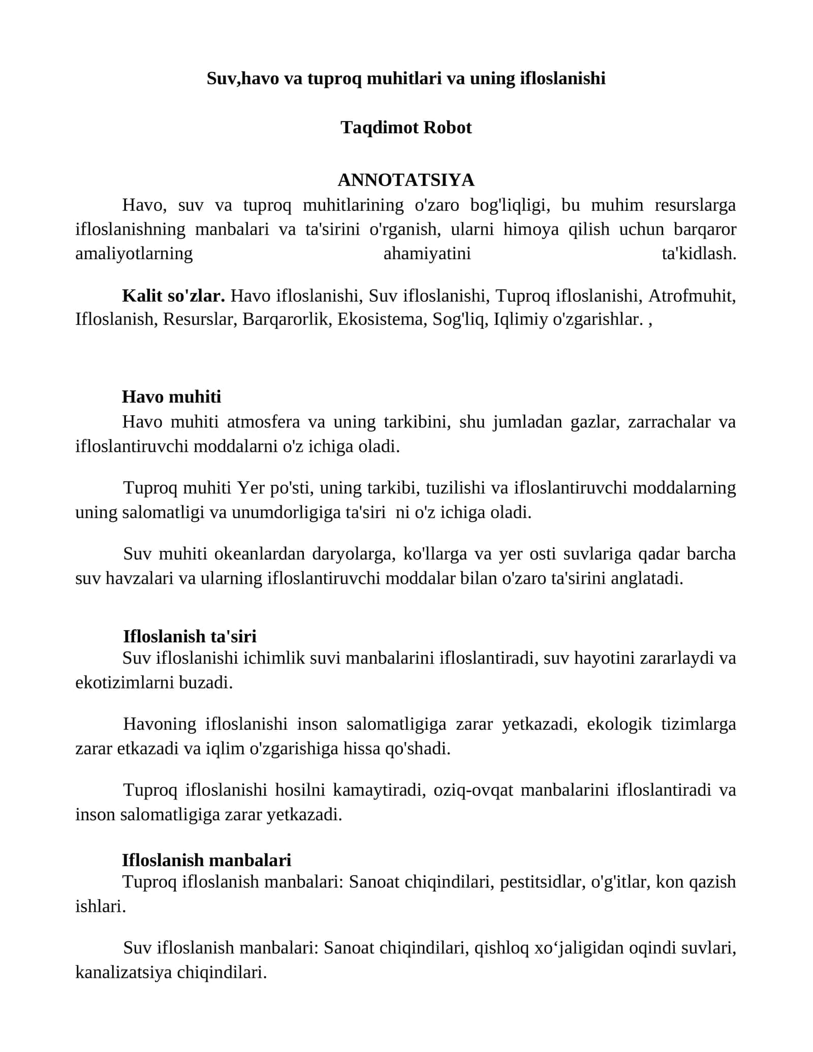 Havo, suv va tuproq muhitlari va uning ifloslanishi 1