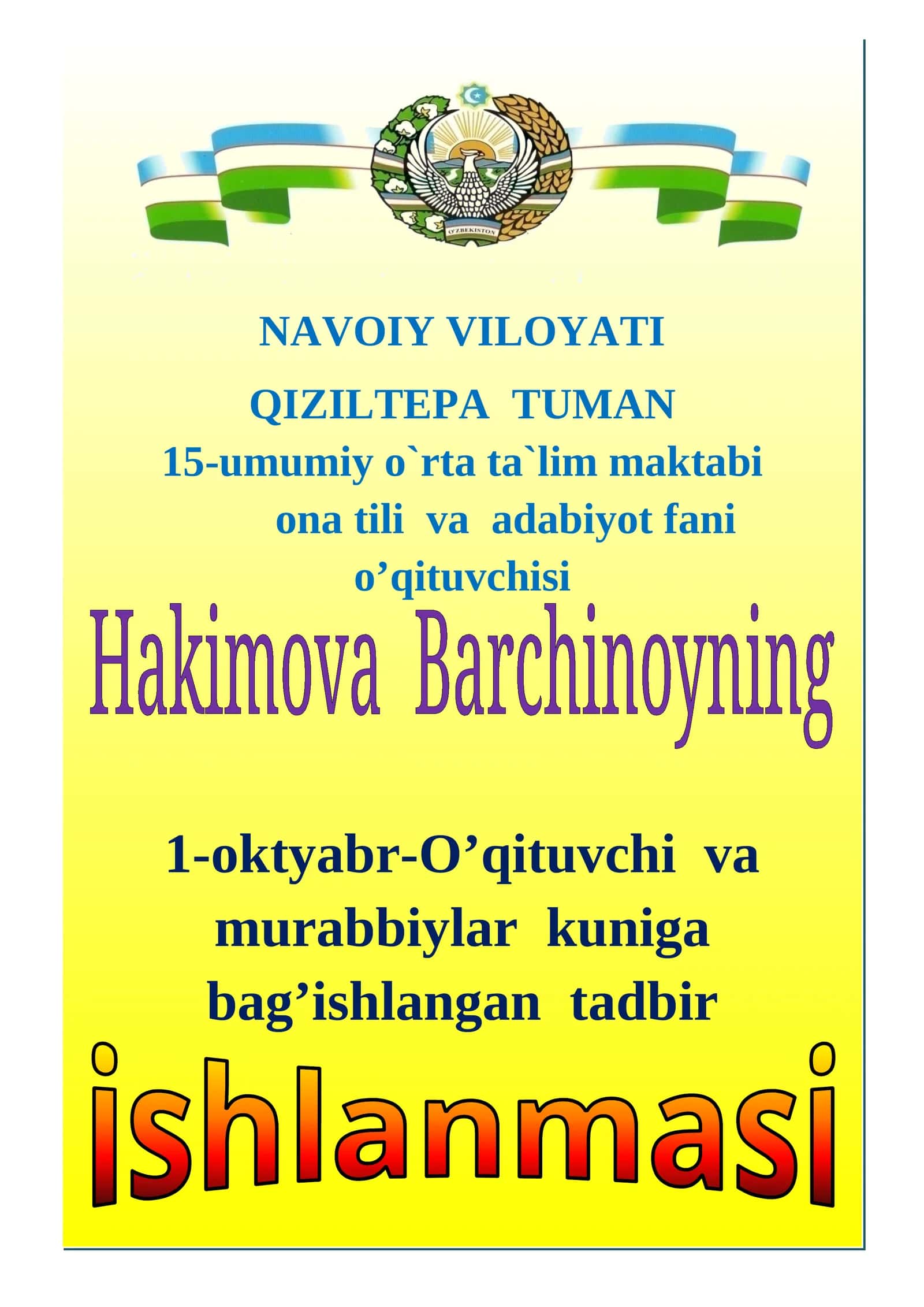 Ustozim -  ulug’  faxrim senariy 1